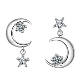 Elegant crescent diamond earrings with cubic zirconia, silver-plated, designed as inverted moon and star drops.